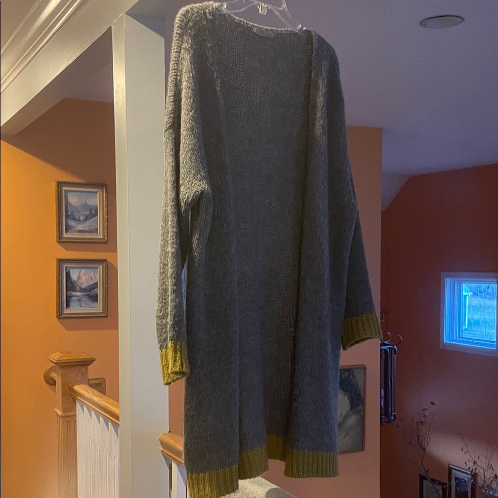 Gray Long Open-Front Women's Sweater Cardigan with Yellow Trim